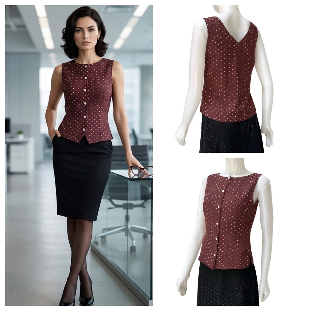 Vtg 90's 100% Silk Polka Dot Vest Top Burgundy Maroon Tailored Office Siren Sz S